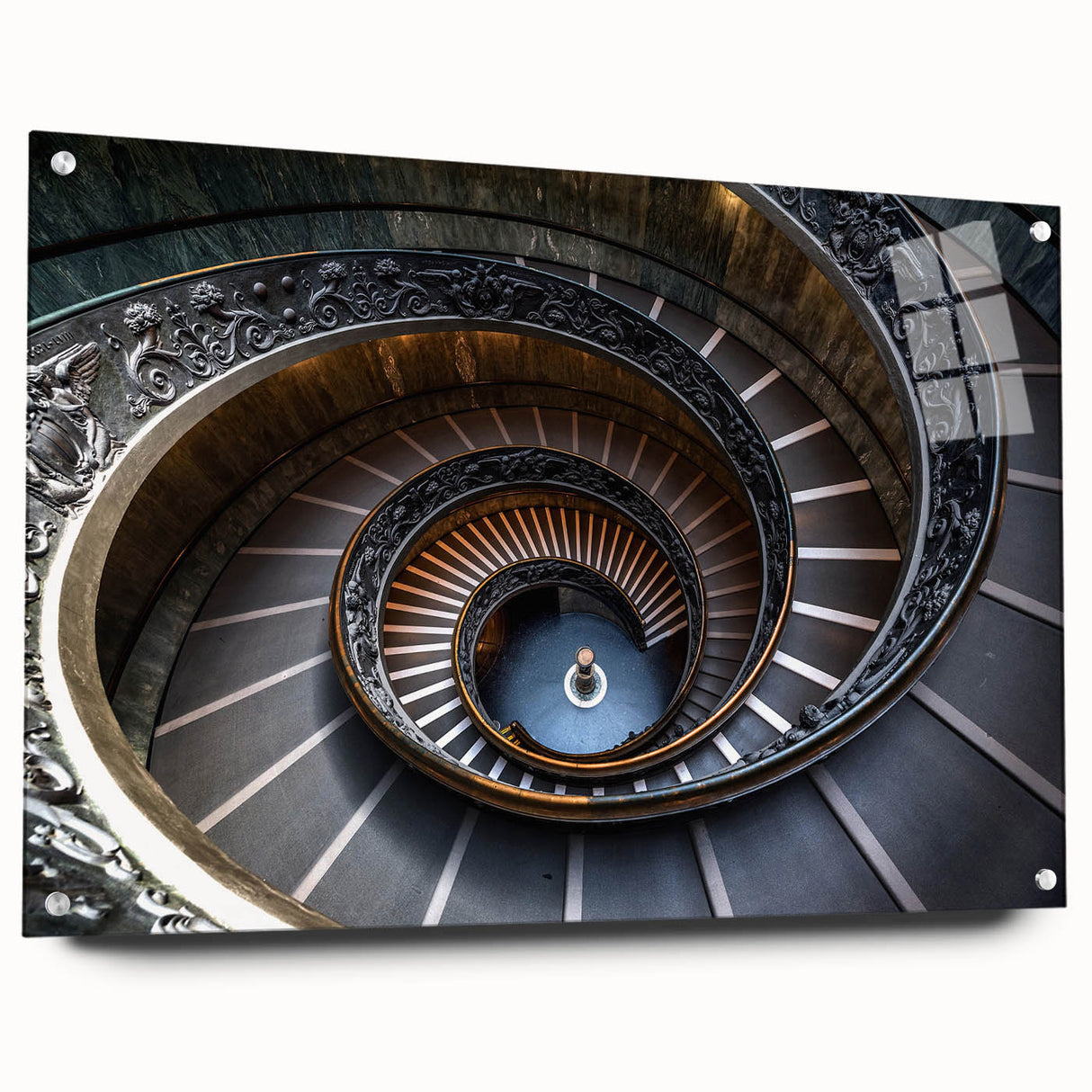 Large abstract wall art of a spiraling staircase in muted gray, acrylic print, ideal for bedroom or dining room decor.