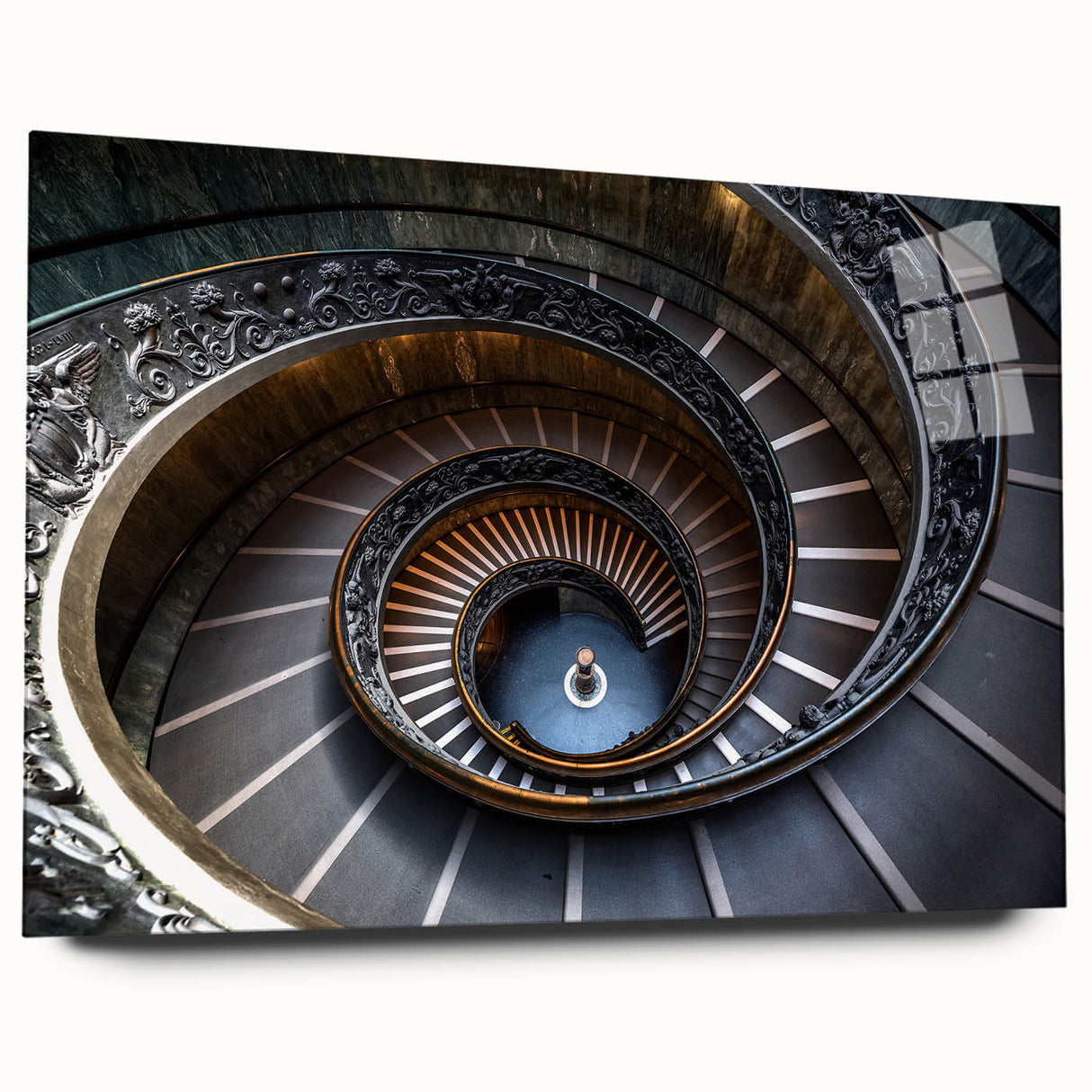 Large abstract wall art featuring a spiral staircase in muted beige tones on acrylic glass, ideal for dining room decor.