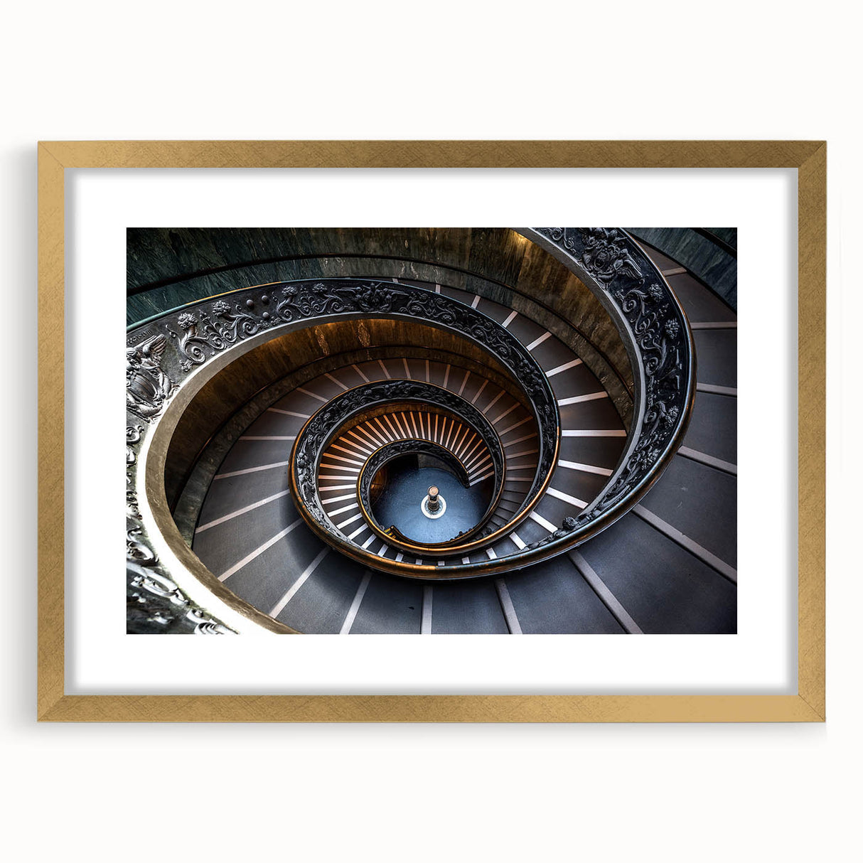 Extra large abstract art print featuring a textured staircase design in muted grays and whites, framed in gold.