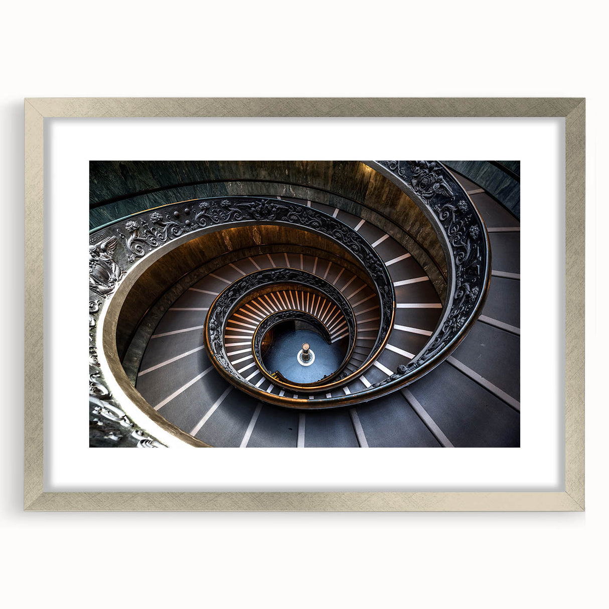 Abstract textured art print of a spiral staircase in muted gray tones, framed in silver, ideal for modern bedroom ambiance.