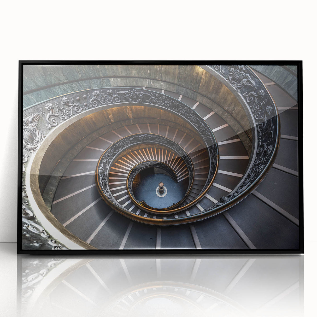 Large abstract wall art featuring a spiral staircase design in black and white, framed in acrylic, suitable for modern decor.