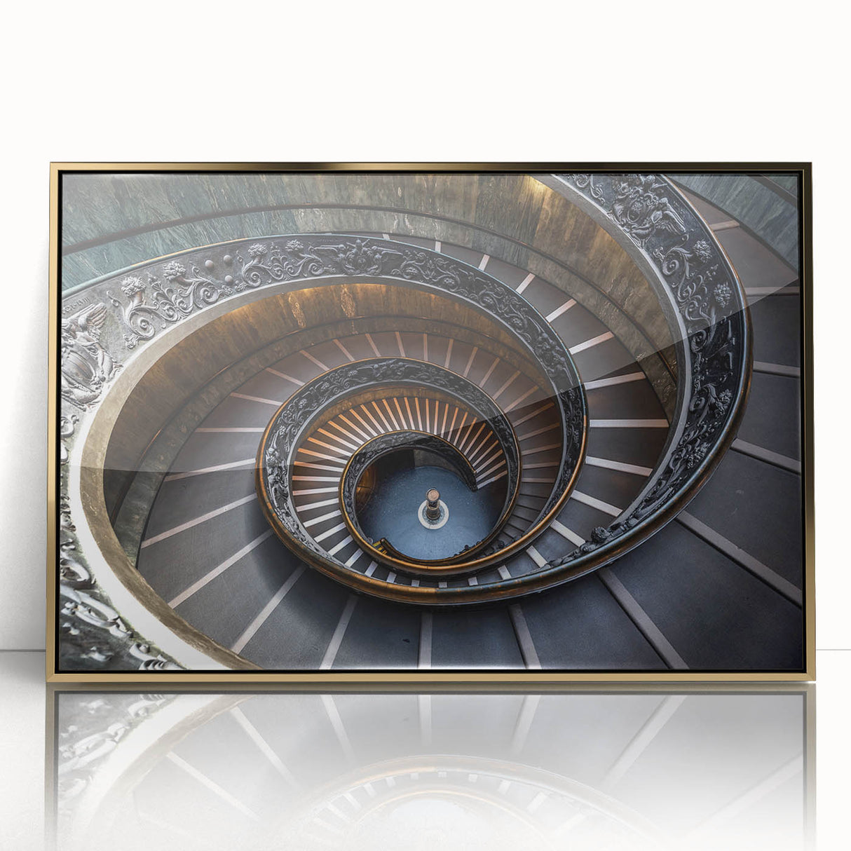 Framed acrylic print of a mid-century modernist staircase in gold and black, ideal for modern art wall decor.