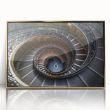Framed acrylic print of a mid-century modernist staircase in gold and black, ideal for modern art wall decor.