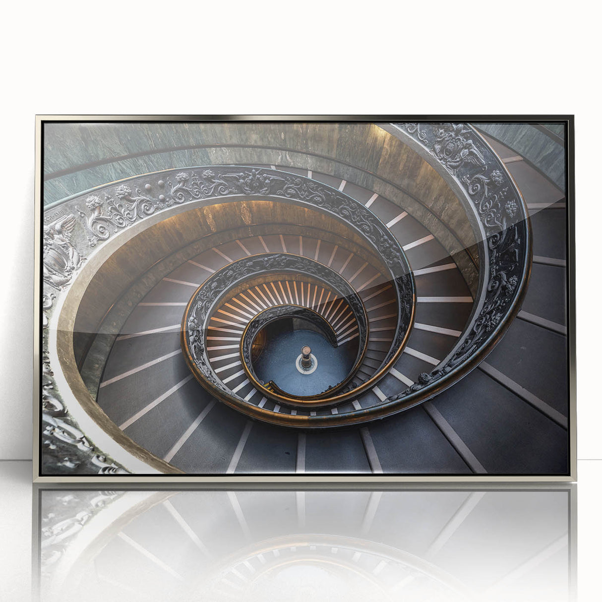 Mid-century modernist art featuring a spiral staircase in muted gray tones, silver-framed acrylic.