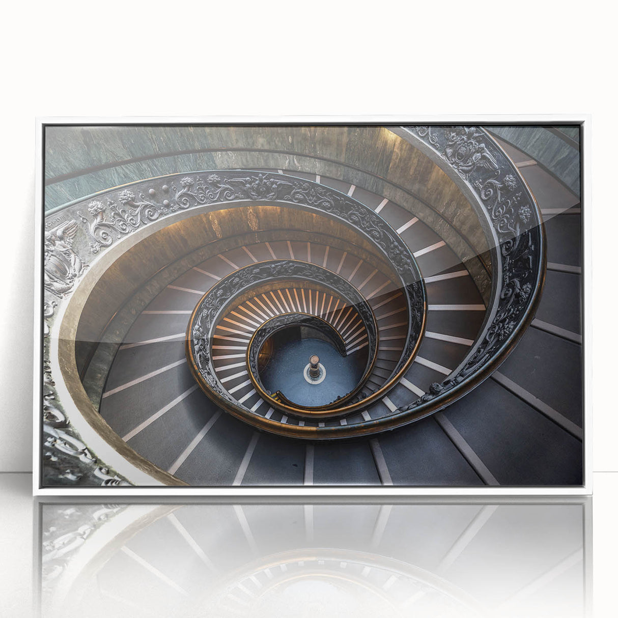 Art Deco poster featuring a geometric staircase design in black and white, framed in acrylic.
