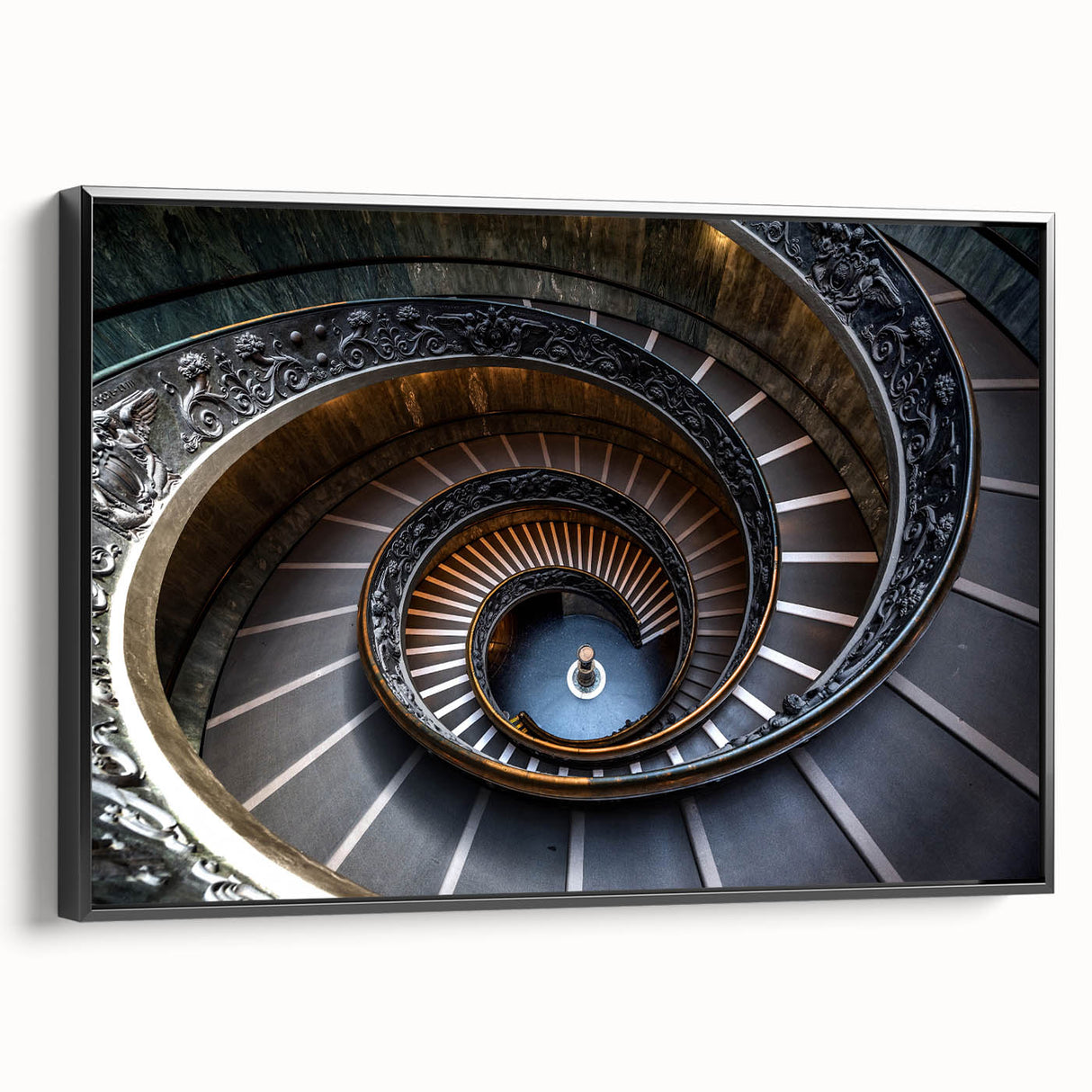 Black and white framed canvas featuring a spiral staircase design, suitable for bedroom wall decor.