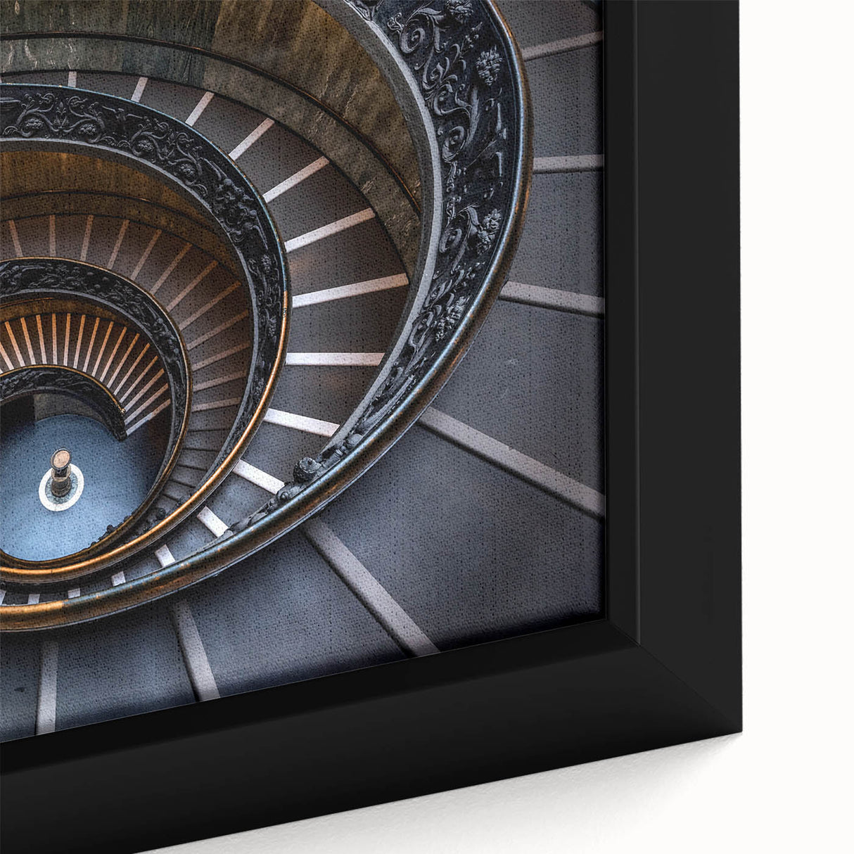 Close-up of a black wall art featuring a textured, colorful staircase design on a framed canvas.
