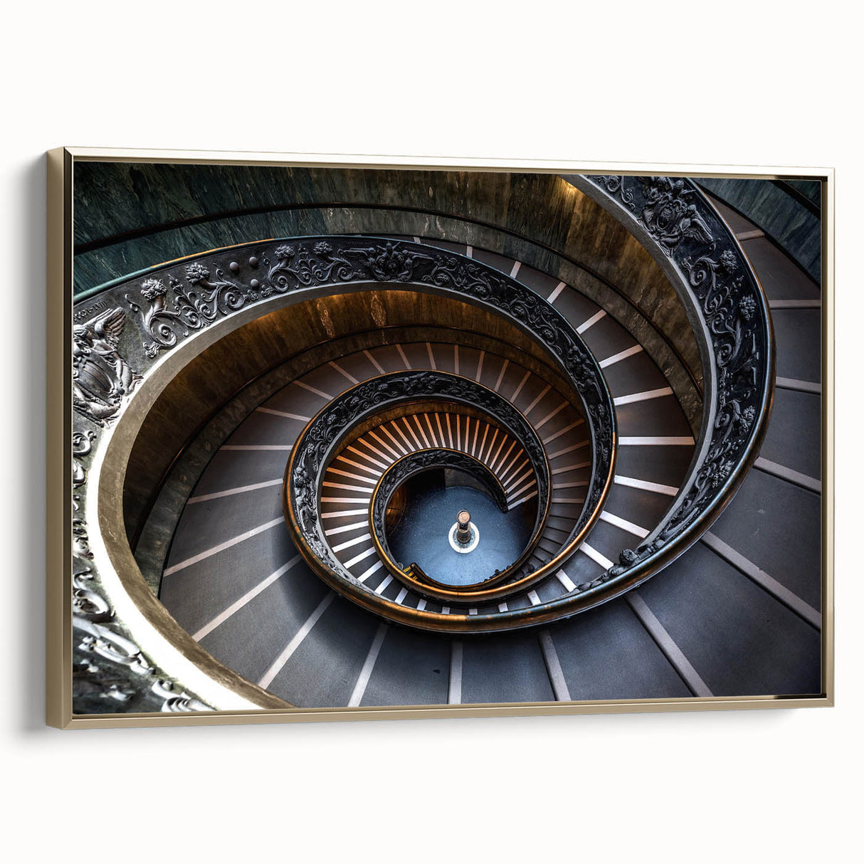 Framed canvas of a black and gold vintage staircase design, ideal for bedroom wall art.