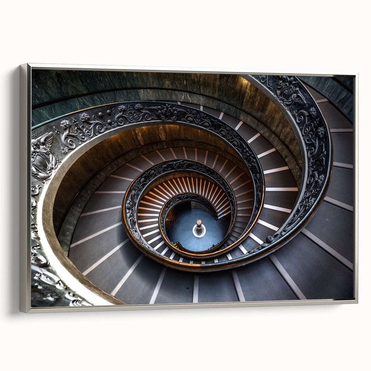 Framed canvas featuring a black and white vintage poster of a spiral staircase in an architectural setting.