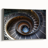 Framed canvas featuring a black and white vintage poster of a spiral staircase in an architectural setting.