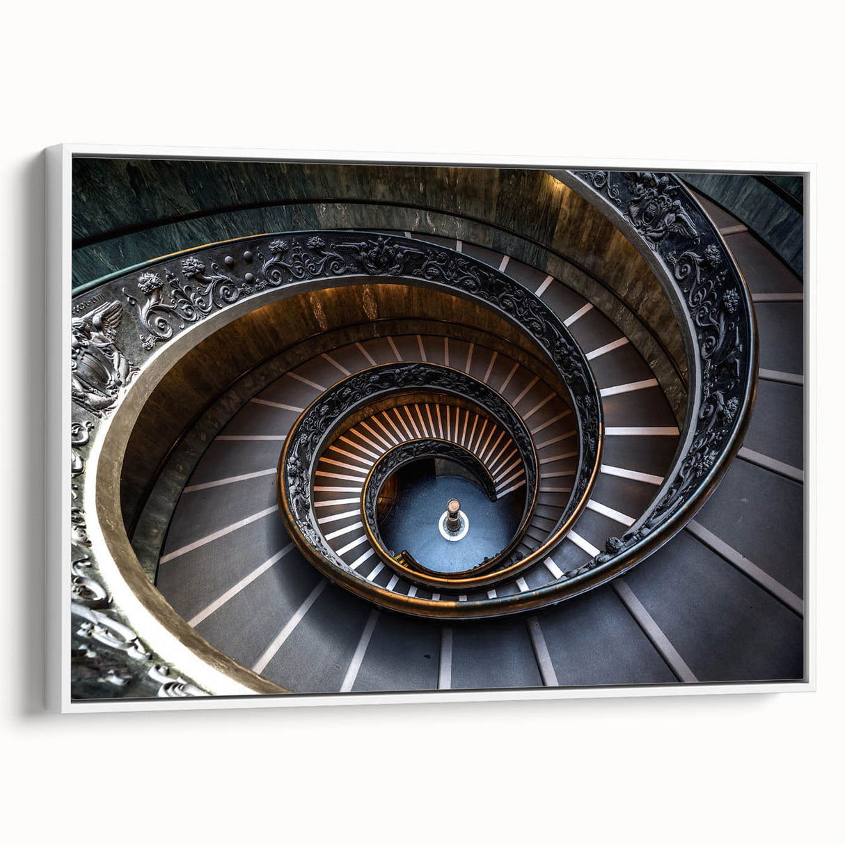 Vintage poster art of a spiral staircase in monochrome, framed canvas, ideal for living room decor.