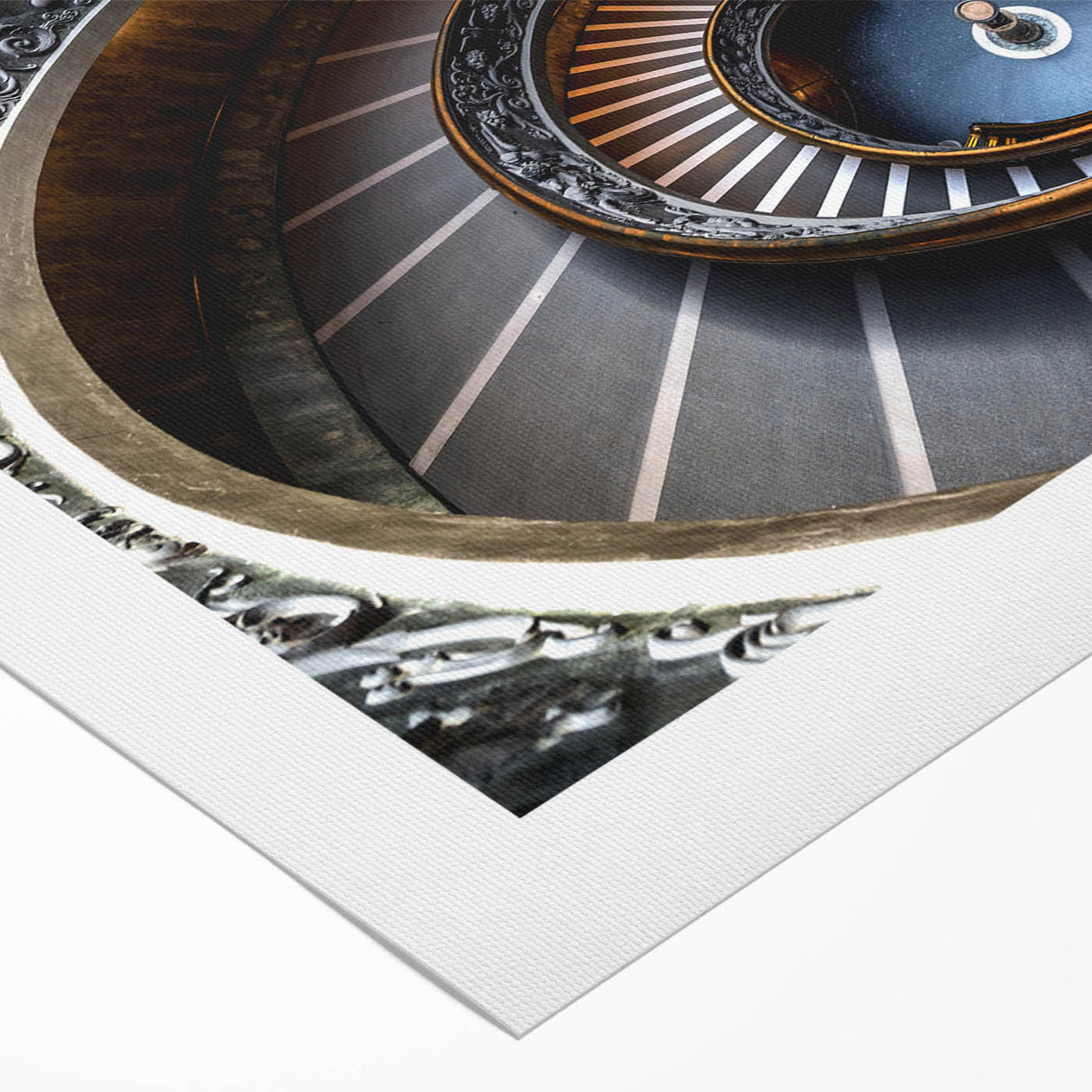 Art deco poster of a spiral staircase in monochrome, printed on rolled canvas, suitable for dining room walls.