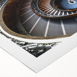 Art deco poster of a spiral staircase in monochrome, printed on rolled canvas, suitable for dining room walls.