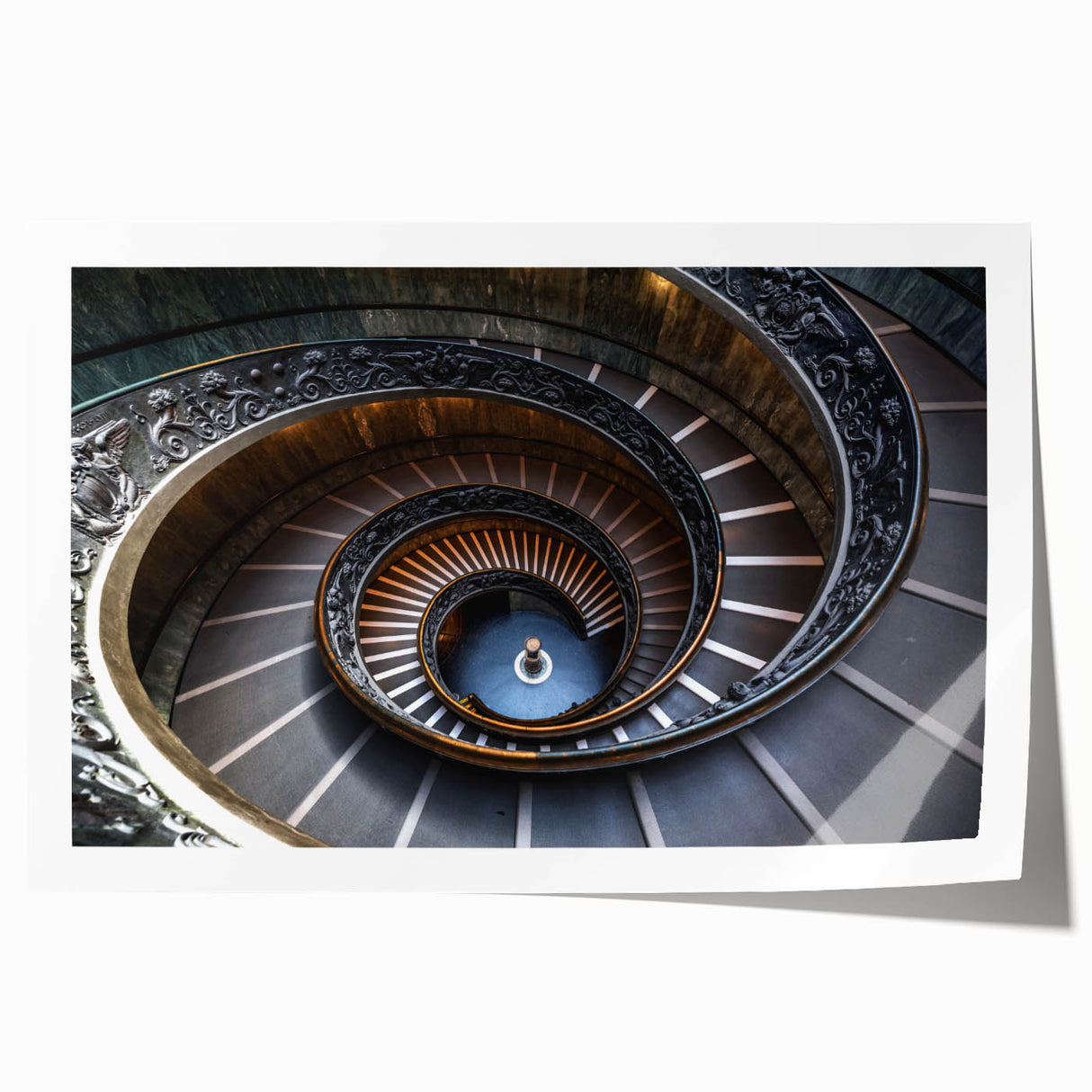 Rolled print of a spiral staircase in grayscale, suitable for art wall dining room or a classy bathroom.
