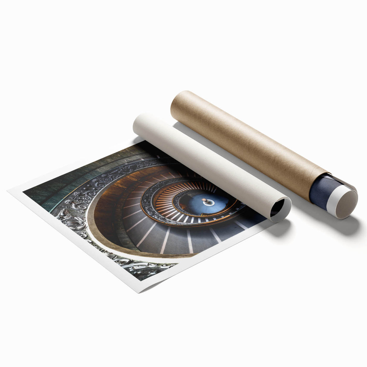 Extra large rolled print featuring a spiral staircase in muted gray tones, suitable for classy bathroom wall art.