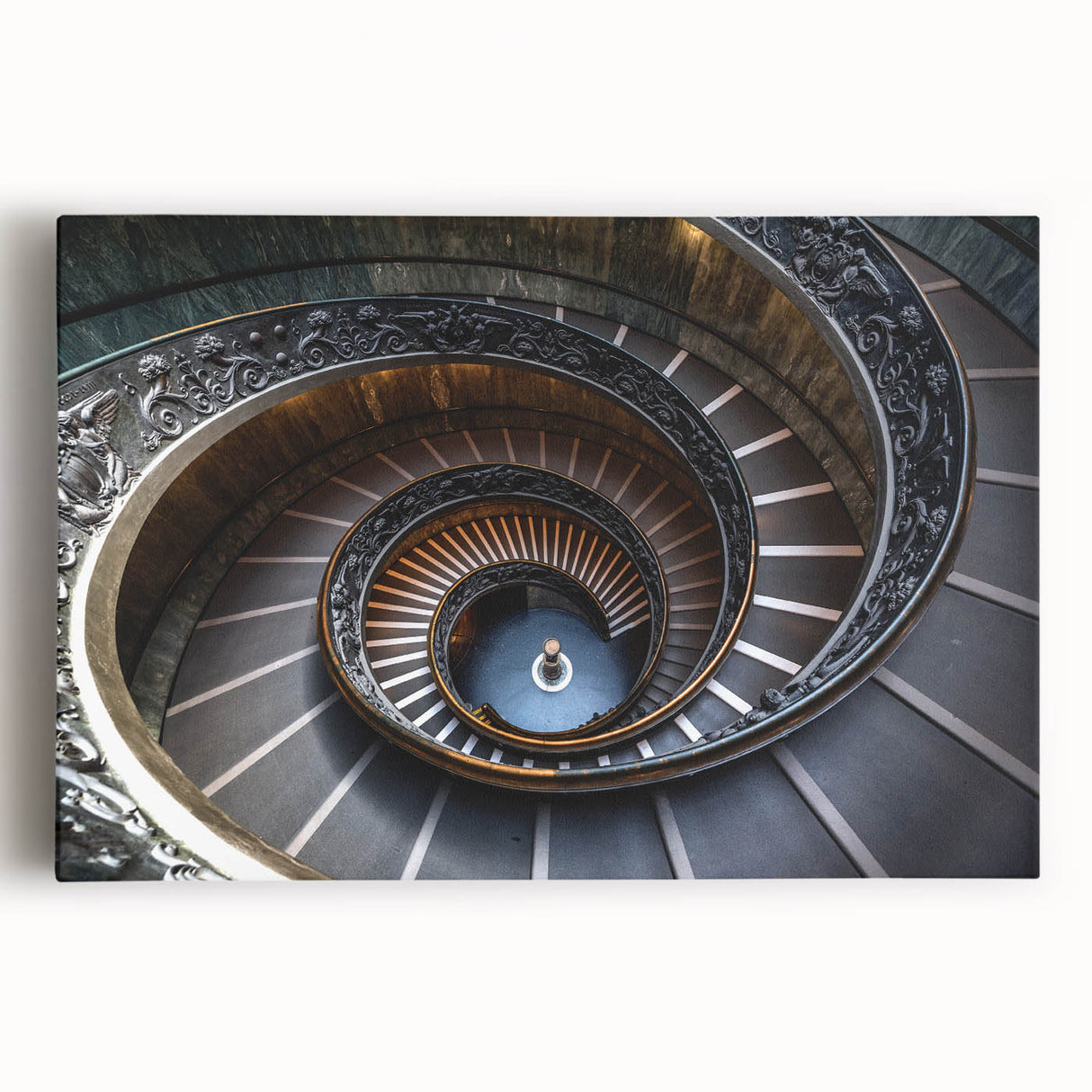 Black and white photograph of a spiral staircase, printed on stretched canvas, suitable as kitchen wall art or bedroom decor.