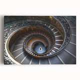 Black and white photograph of a spiral staircase, printed on stretched canvas, suitable as kitchen wall art or bedroom decor.