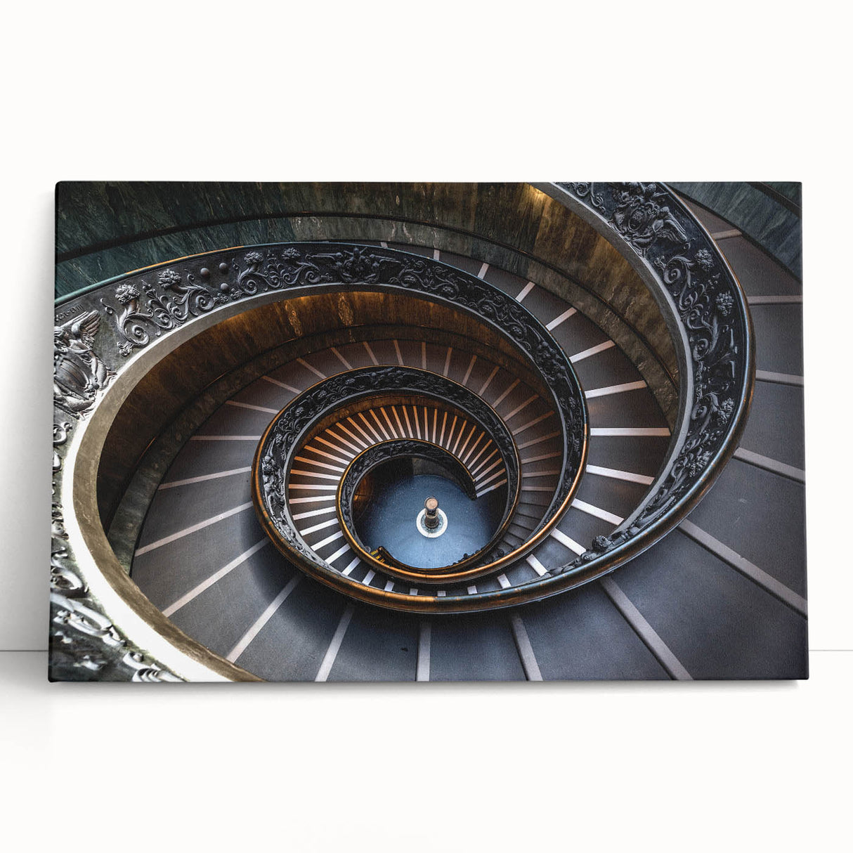 Black and white photograph of a spiral staircase on stretched canvas, suitable for kitchen wall art.