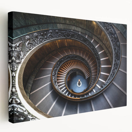 Spiral staircase design in monochrome on large stretched canvas, ideal for modern kitchen wall art.