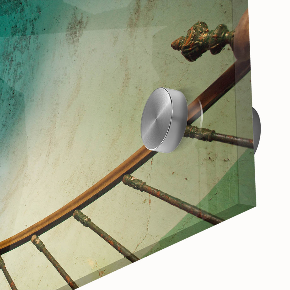 Mid-century modernist acrylic print of an abstract staircase in muted earth tones, ideal for dining room art.