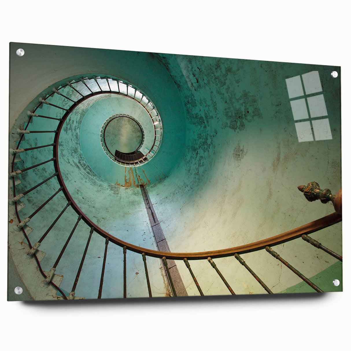 Spiral staircase design in muted gray tones on acrylic glass, suitable for bedroom or dining room decor.