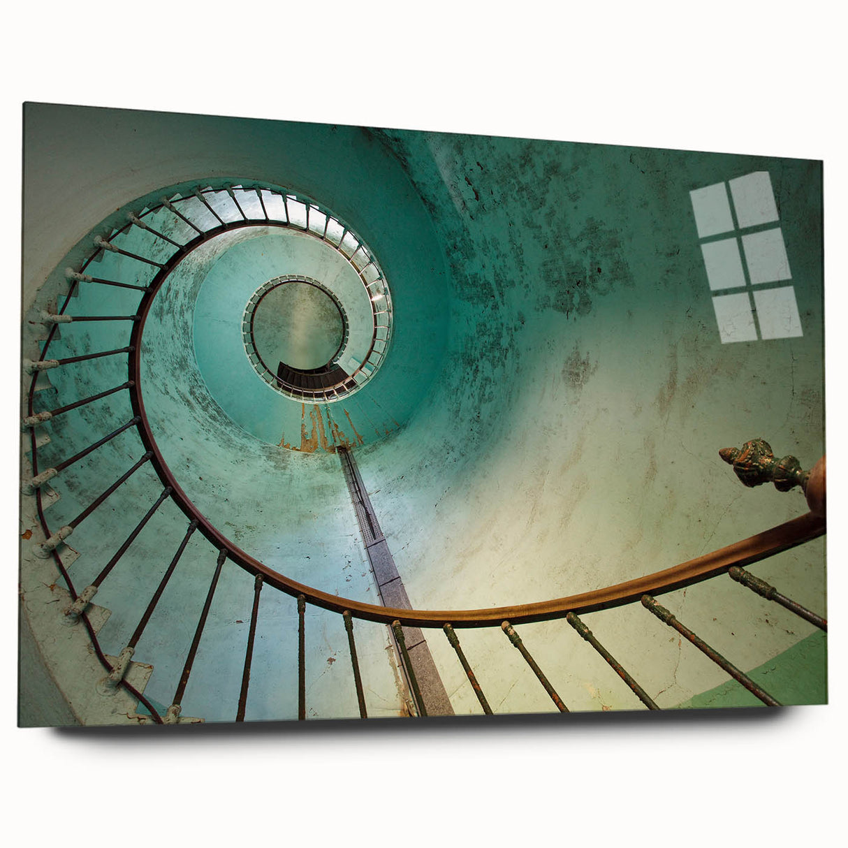 Large abstract wall art of spiraling staircase in monochrome, acrylic glass print, suitable for bedroom or dining room decor.