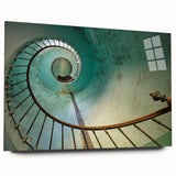 Large abstract wall art of spiraling staircase in monochrome, acrylic glass print, suitable for bedroom or dining room decor.