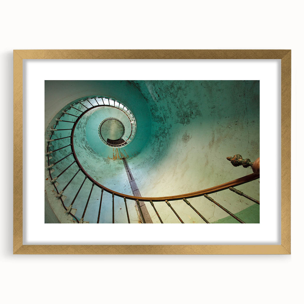 Extra large abstract art print of a textured staircase design in gold frame, ideal for living room decor.