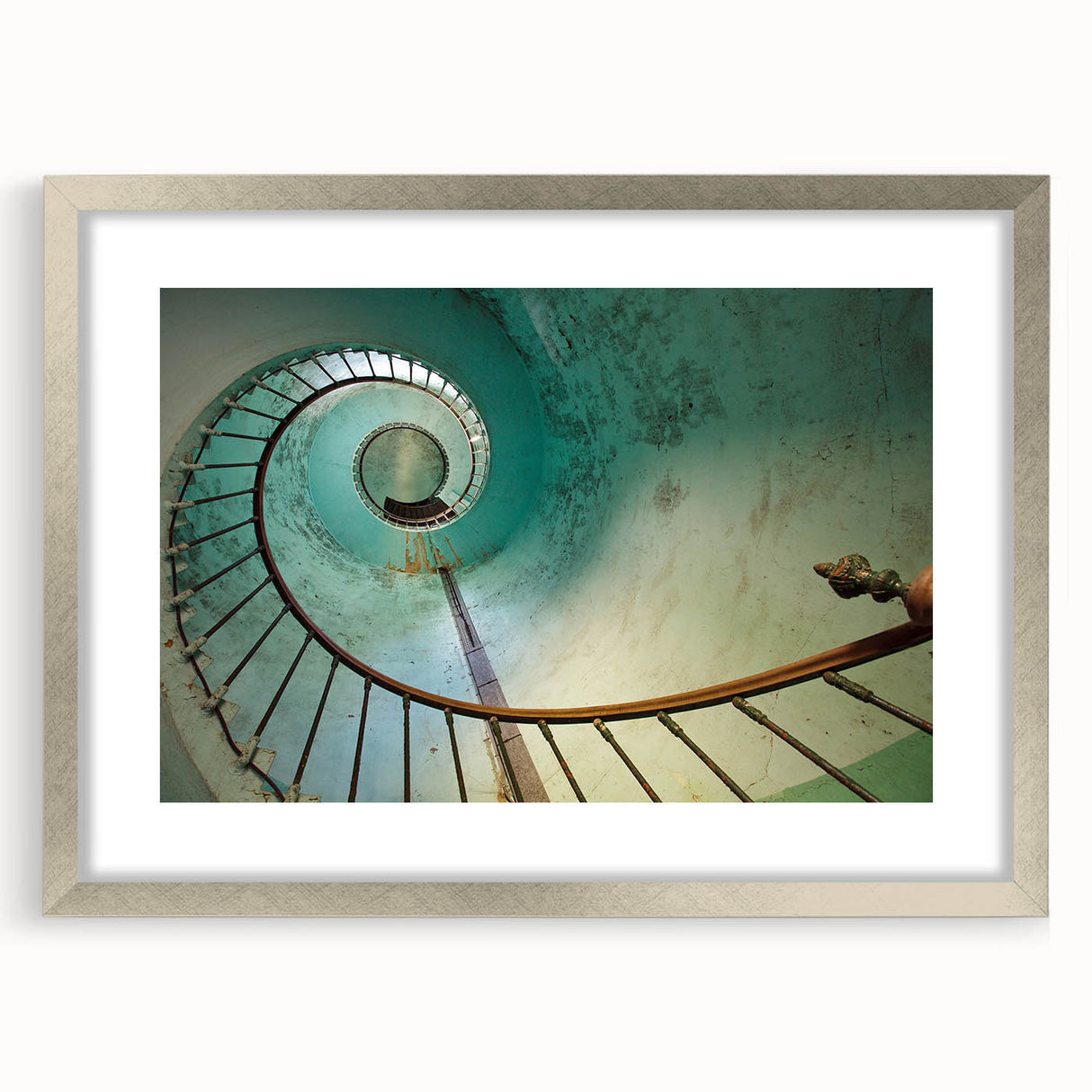 Textured art print of an abstract staircase design in silver and gray tones on a framed mat, suited for bedroom decor.
