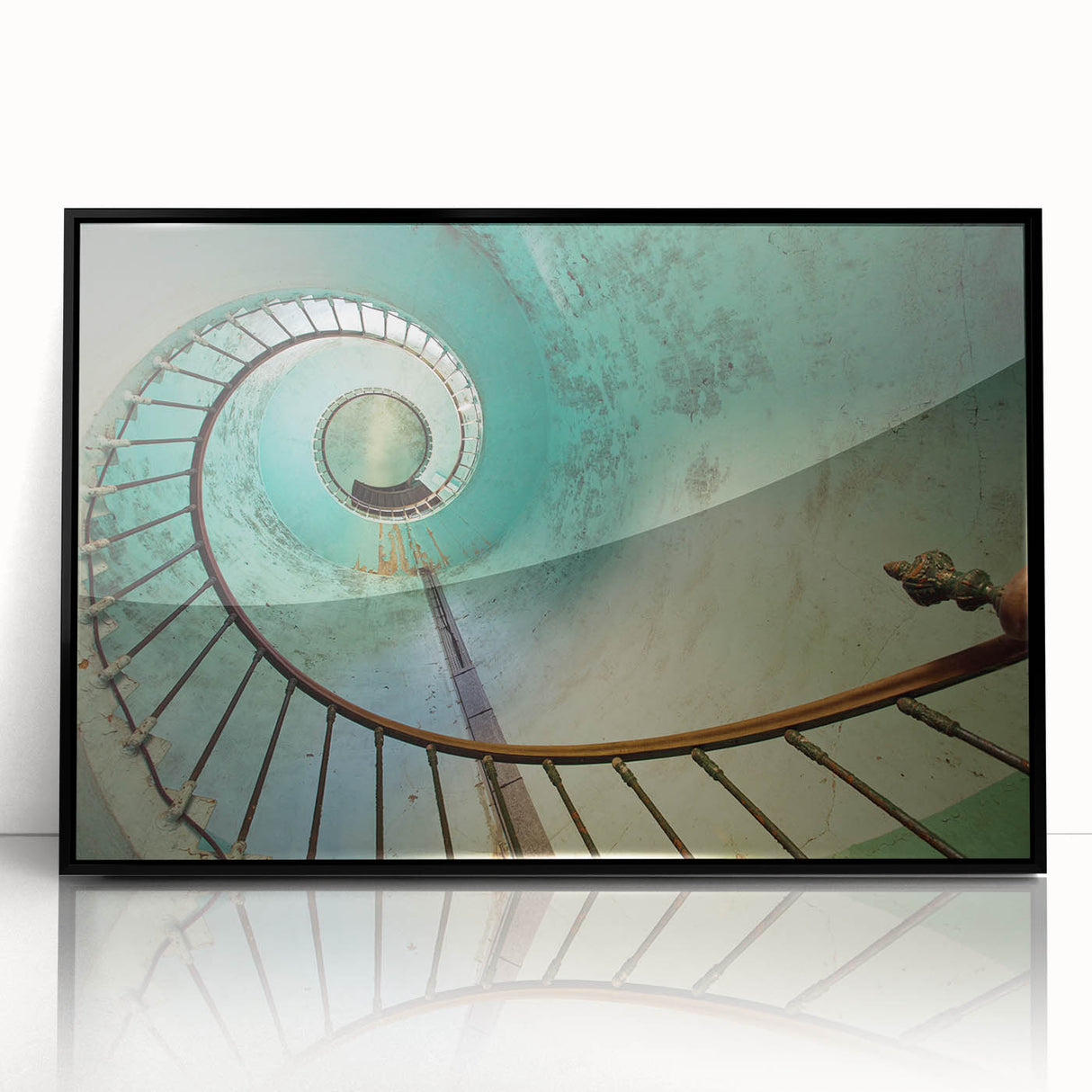 Large abstract wall art featuring a spiral staircase in black and white, framed in acrylic.
