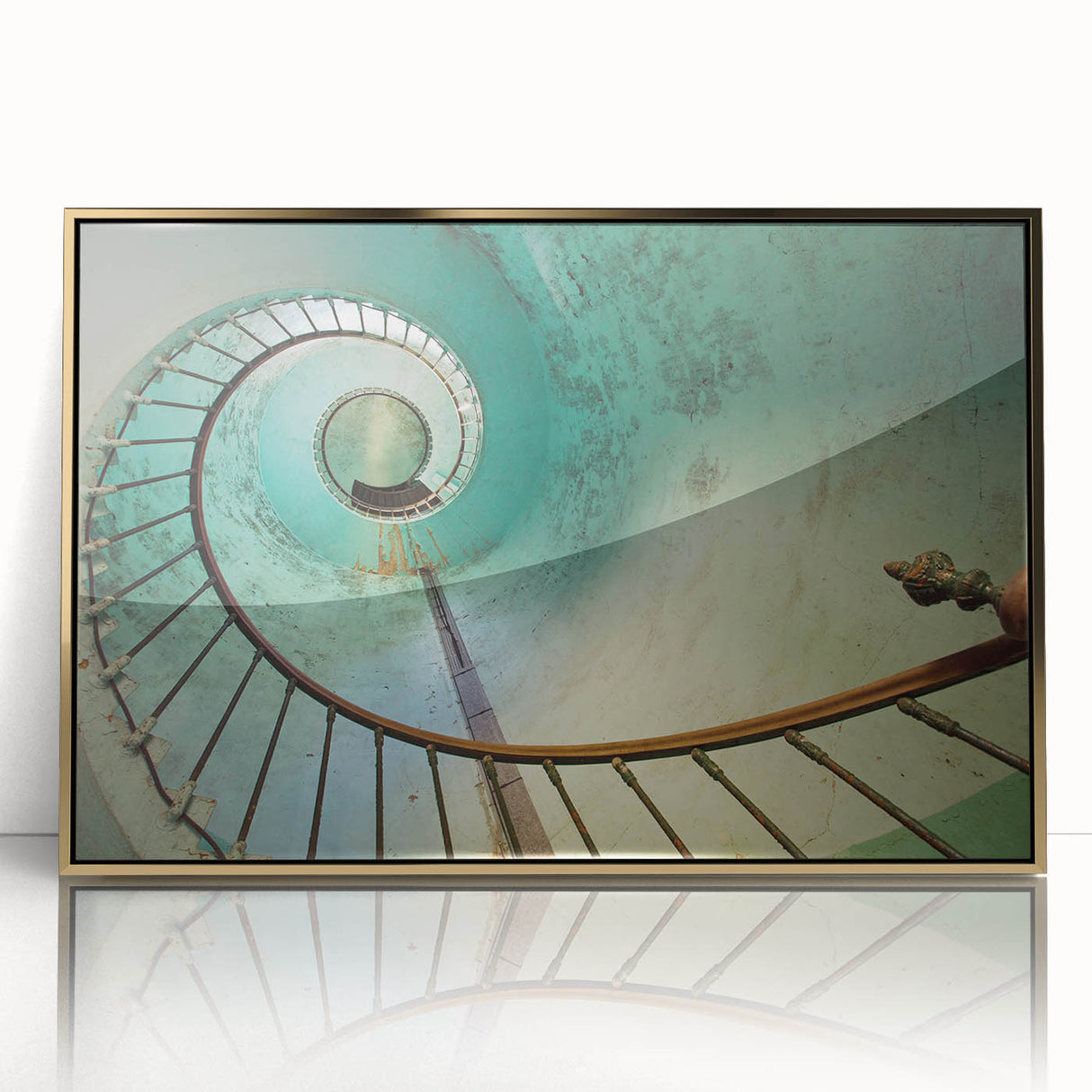 Mid-century modernist spiral staircase in muted gold and gray tones, acrylic print, suitable for modern art wall decor.