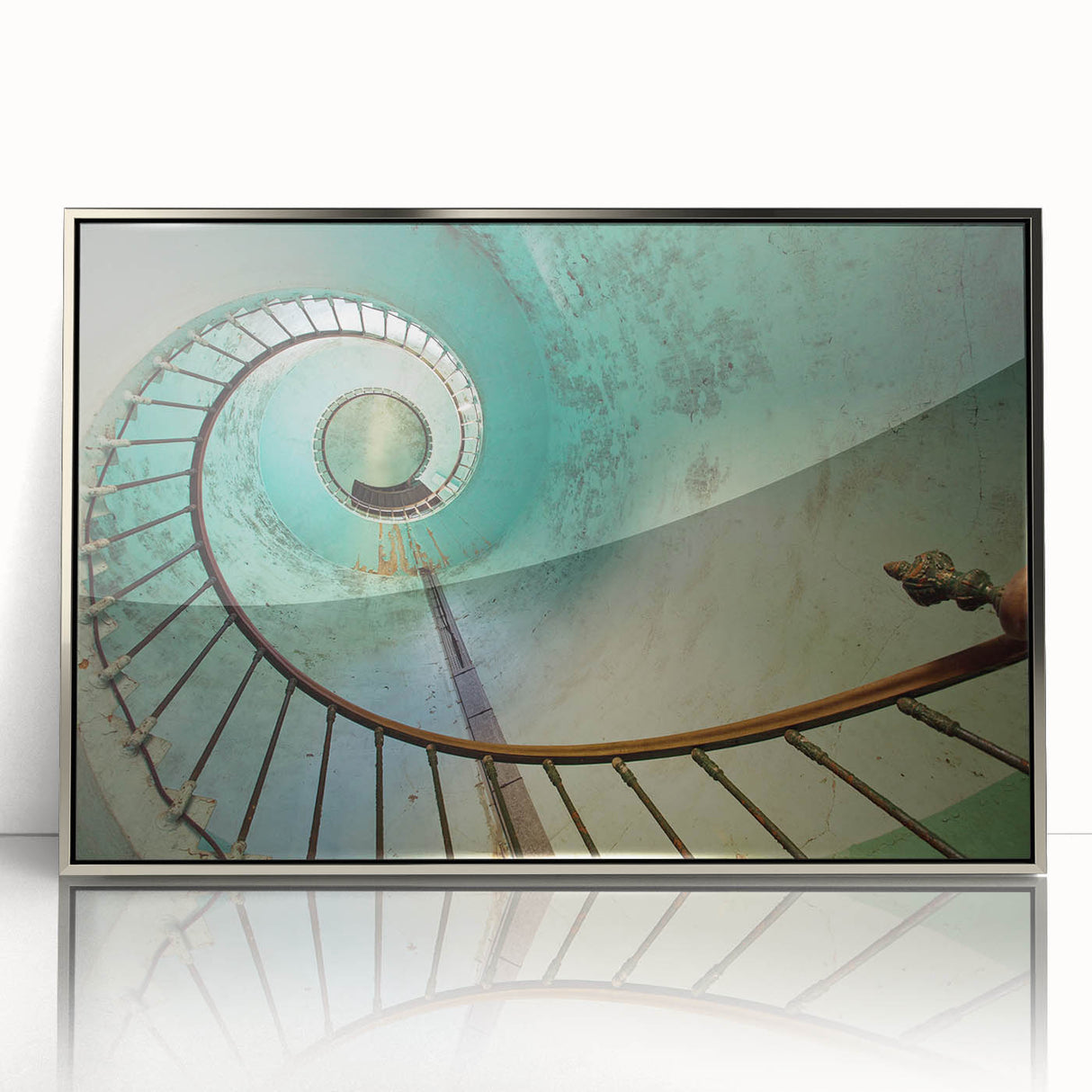 Mid-century modernist art depicting a spiral staircase in muted metallic tones, framed acrylic print.