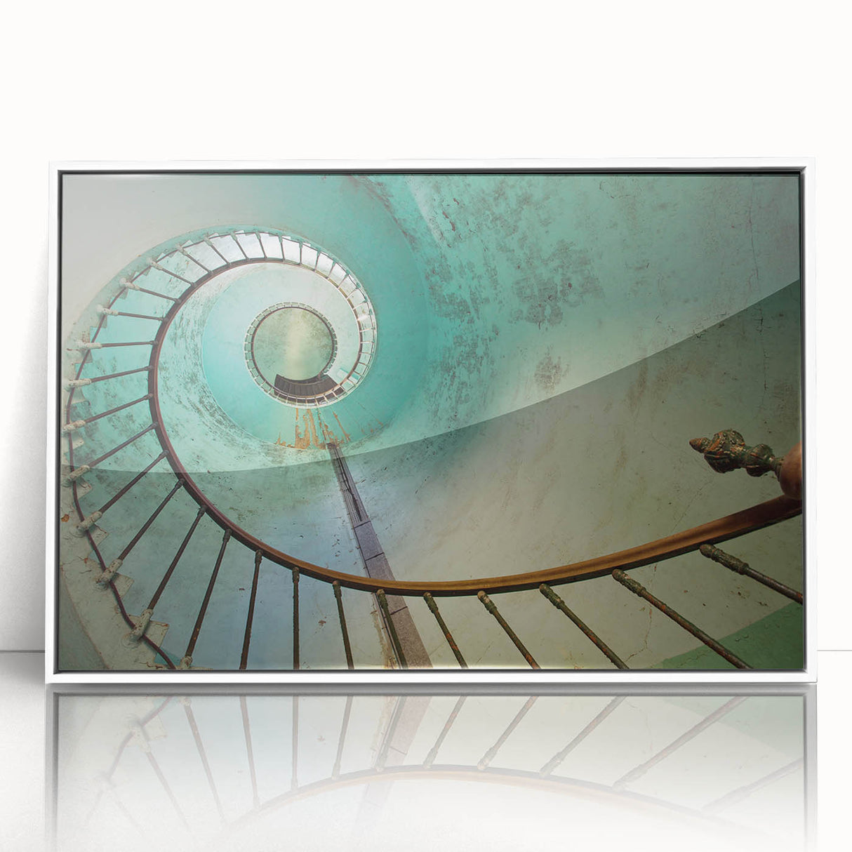 Art deco poster of a spiral staircase in monochrome, acrylic framed, suitable for modern art wall decor.