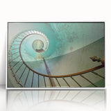 Art deco poster of a spiral staircase in monochrome, acrylic framed, suitable for modern art wall decor.