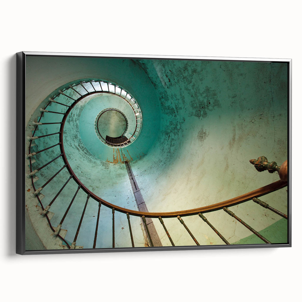 Black and white wall art featuring a spiral staircase design on a framed canvas, suitable for bedroom decor.