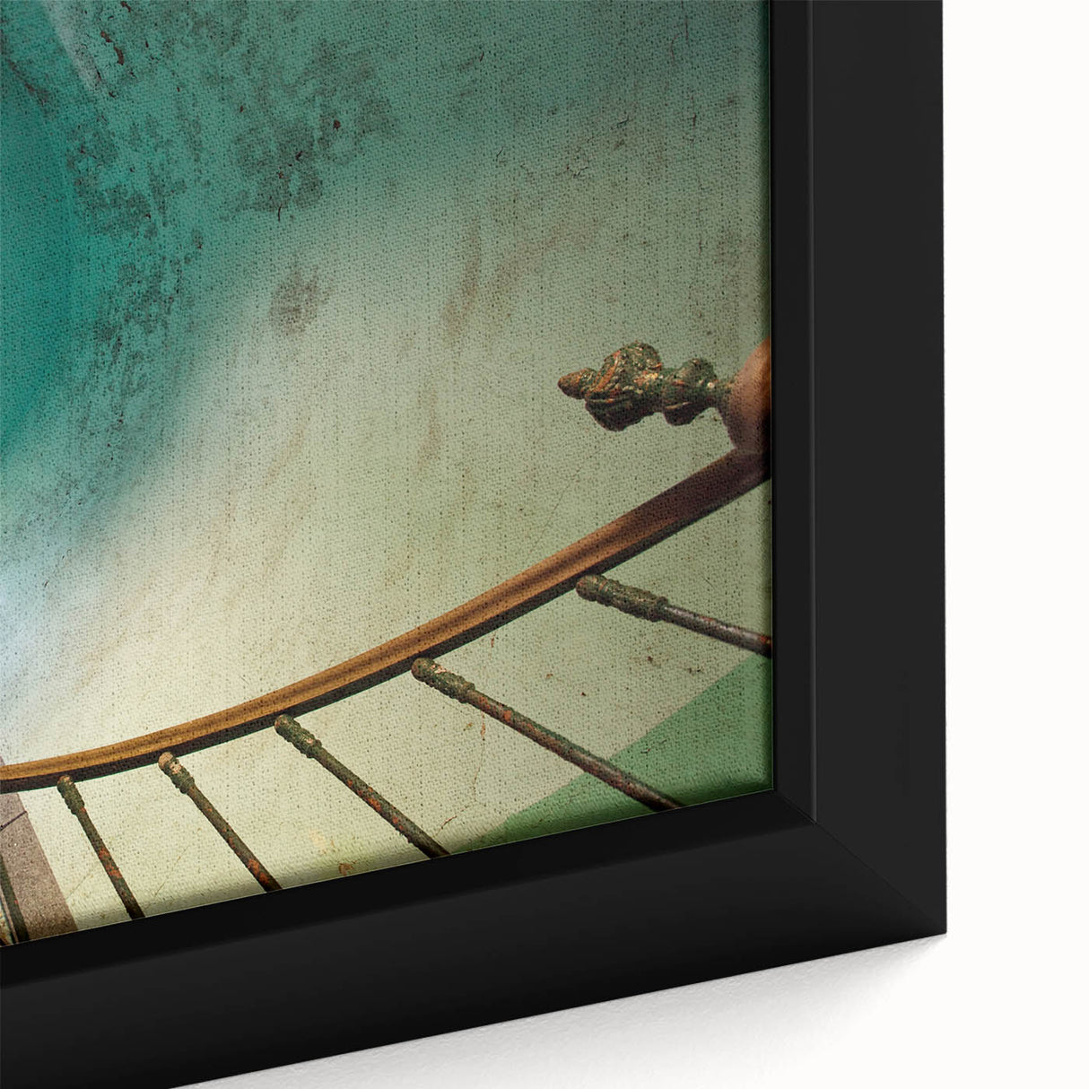 Extra large framed canvas featuring a black spiral staircase design with colorful, textured art accents.