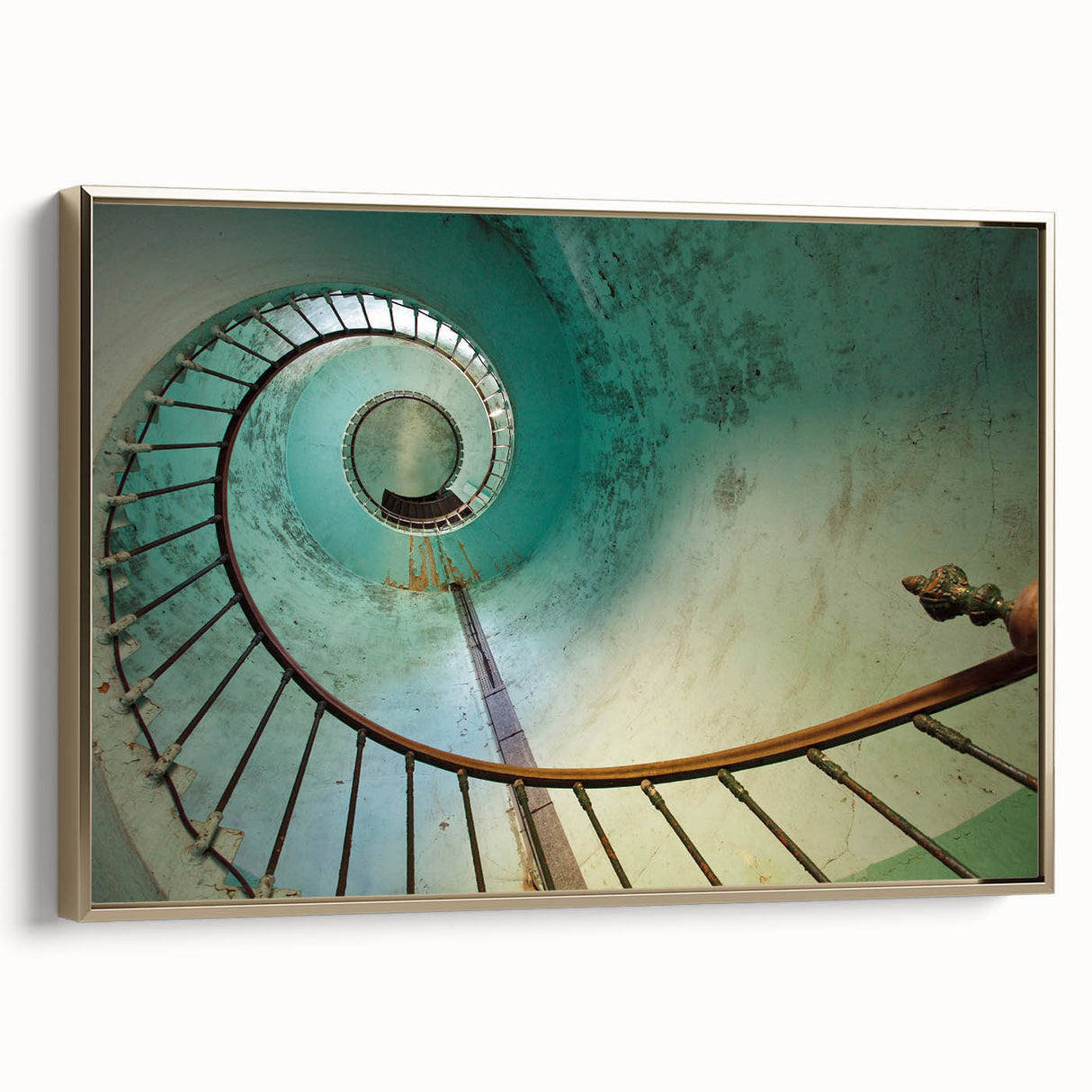 Framed canvas featuring a black and gold vintage staircase design, ideal for bedroom wall art.