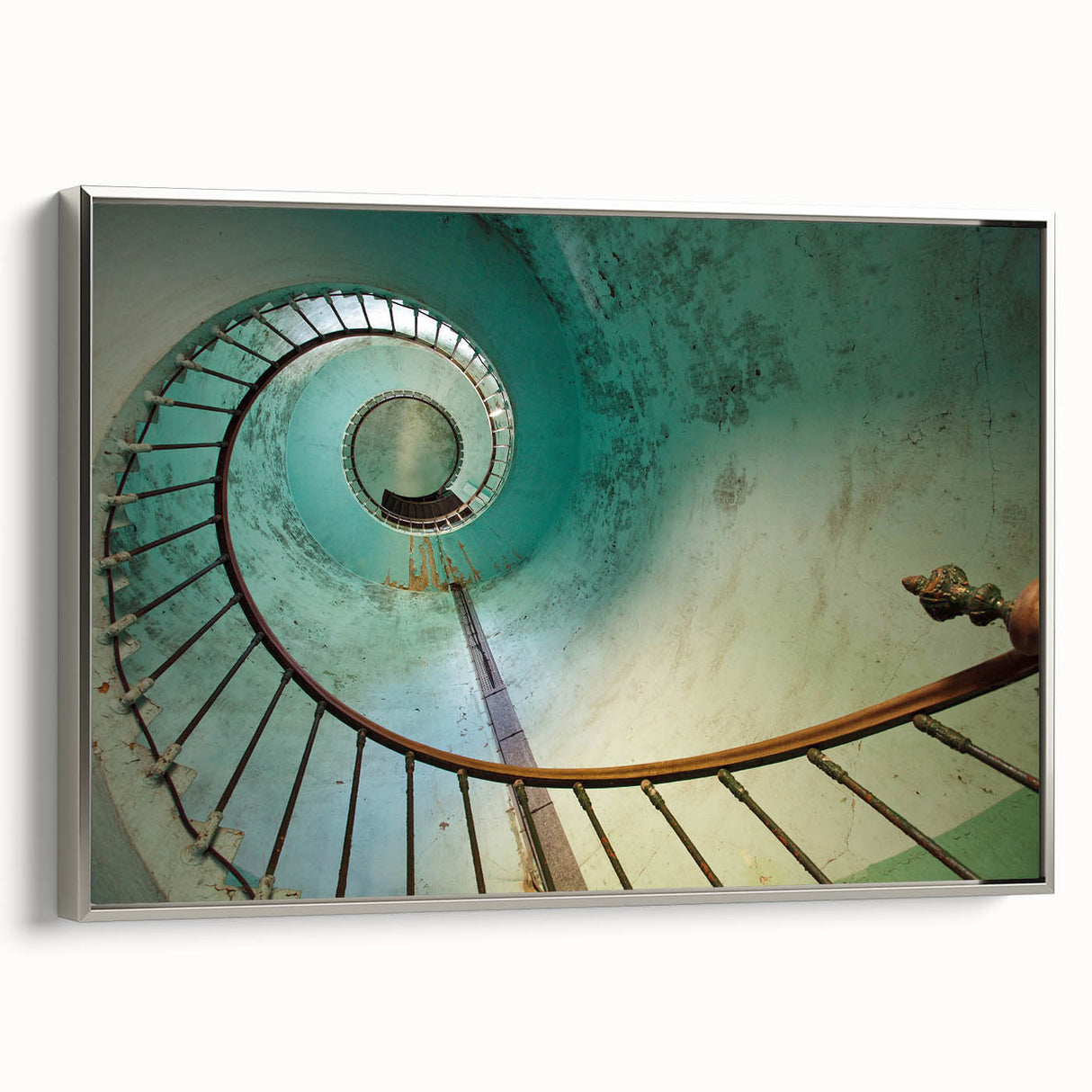 Framed canvas of a spiral staircase in grayscale, ideal for modern office decor.