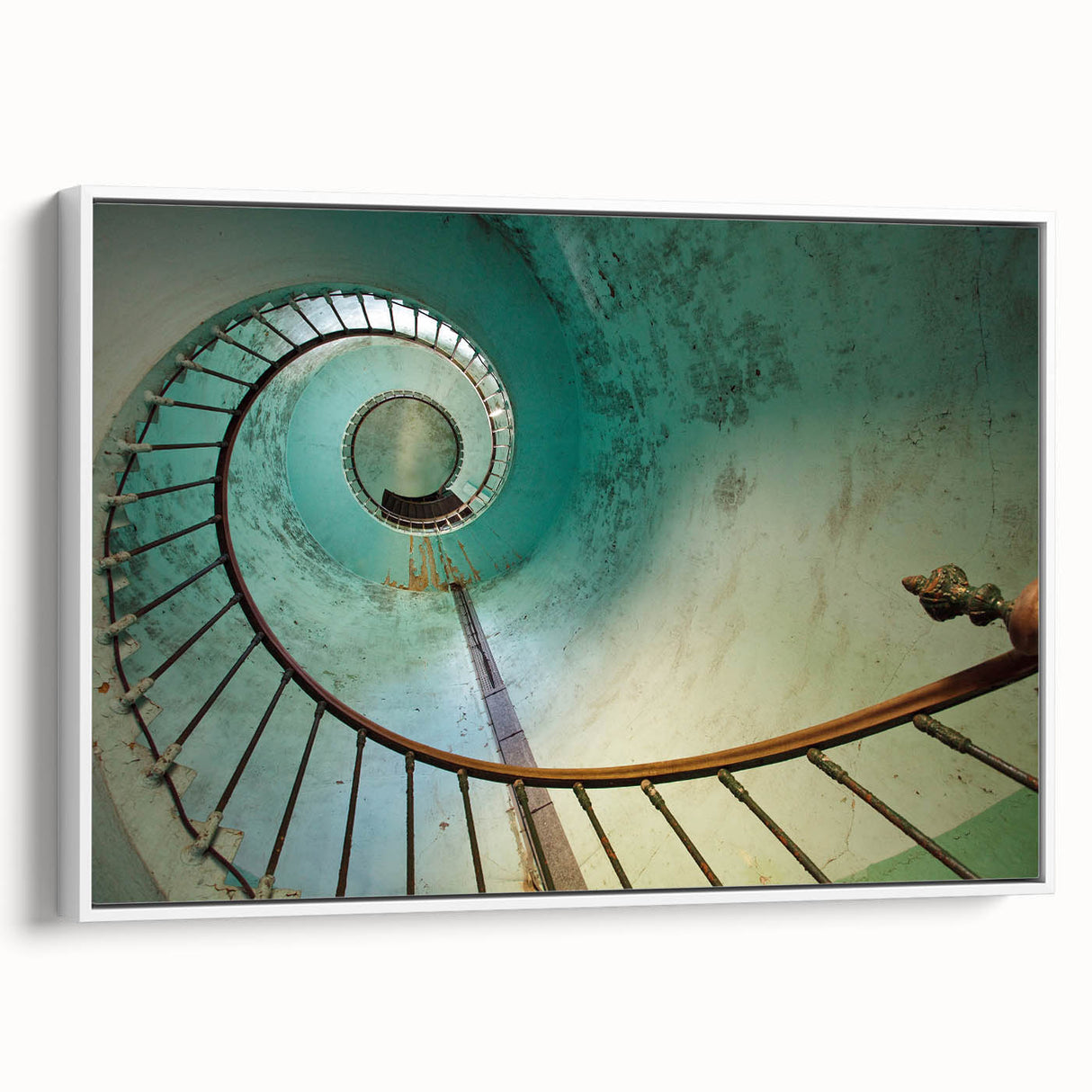 Vintage poster art of a spiral staircase in muted black and white, framed canvas, ideal for living room decor.