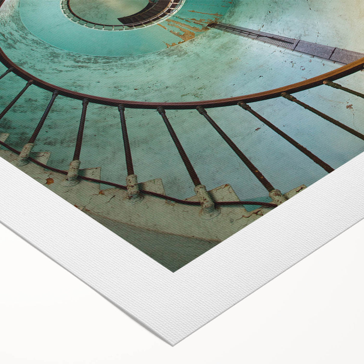 Art deco poster featuring a spiral staircase in monochrome, printed on rolled canvas.