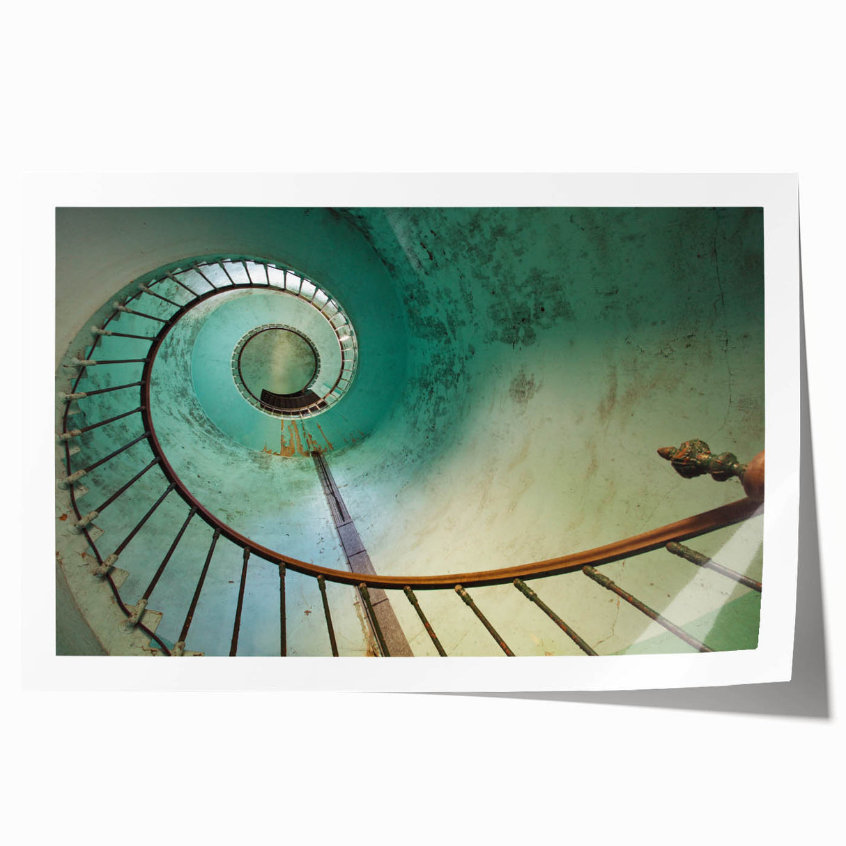 Extra large rolled print of a spiral staircase in monochrome, ideal for art wall dining room.