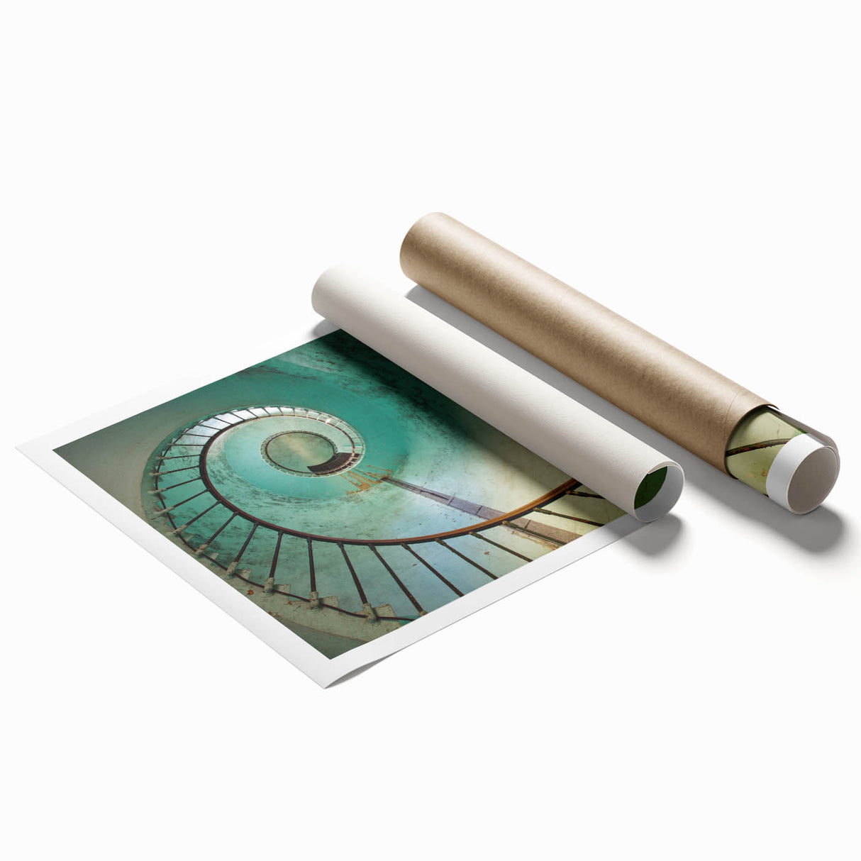 Extra large rolled print of a minimalist staircase in muted gray tones, ideal for classy bathroom wall art.