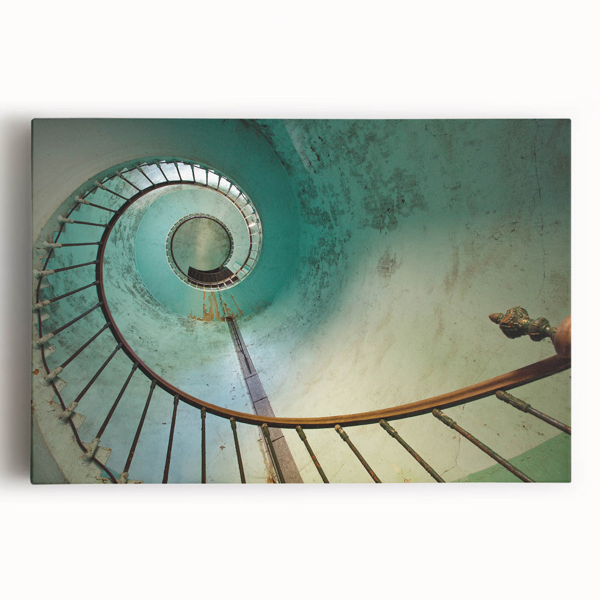 Spiral staircase in black and white on stretched canvas, suitable for kitchen wall art.