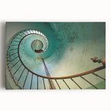 Spiral staircase in black and white on stretched canvas, suitable for kitchen wall art.