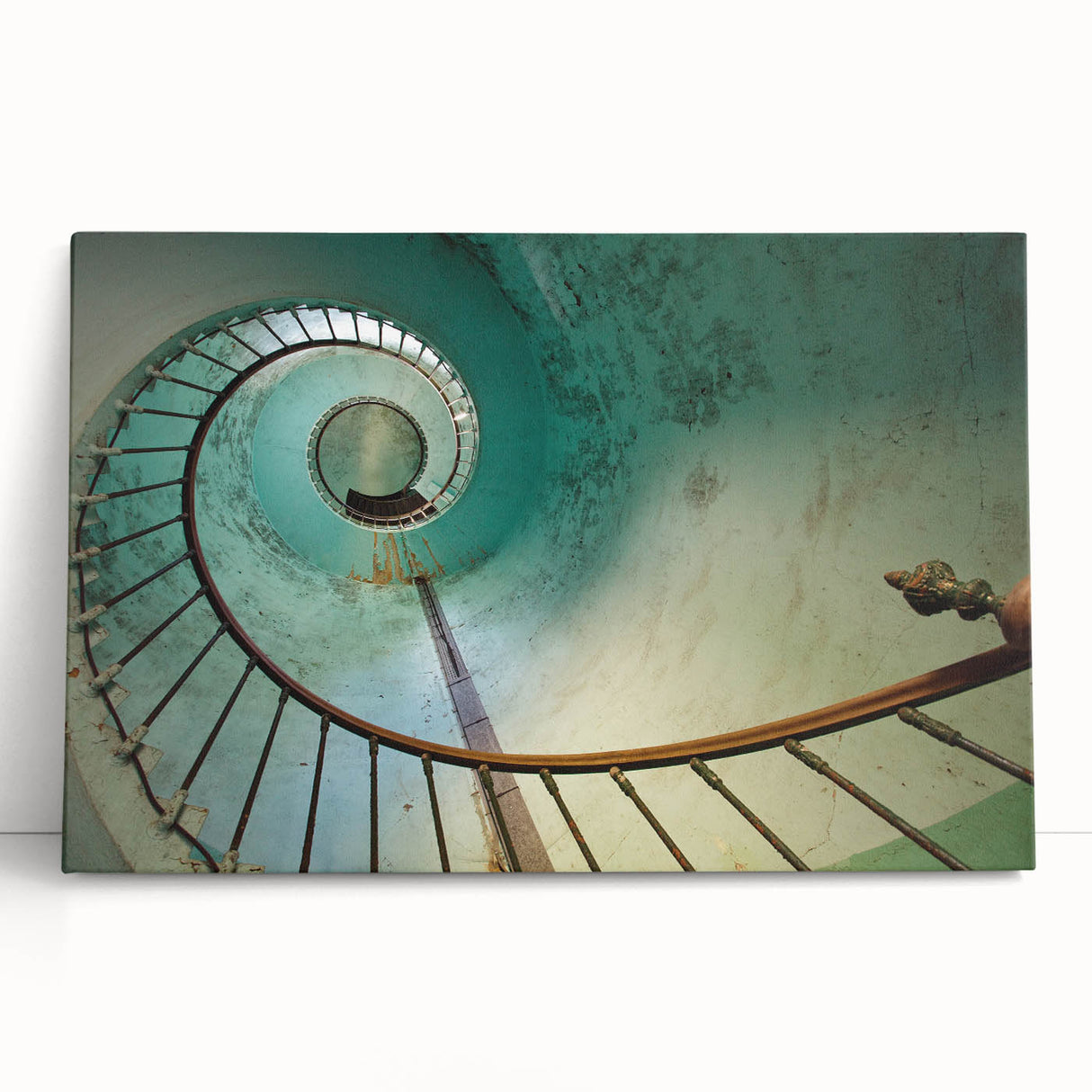 Black and white photo of a spiral staircase on stretched canvas, ideal for kitchen wall art or bedroom ambiance.