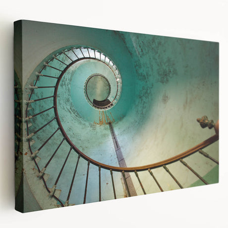 Spiral staircase design in monochrome, printed on large stretched canvas, suitable for kitchen wall art.