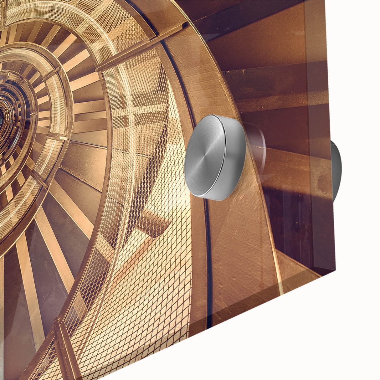 Close-up of a large abstract acrylic print featuring swirling staircase designs in monochrome.