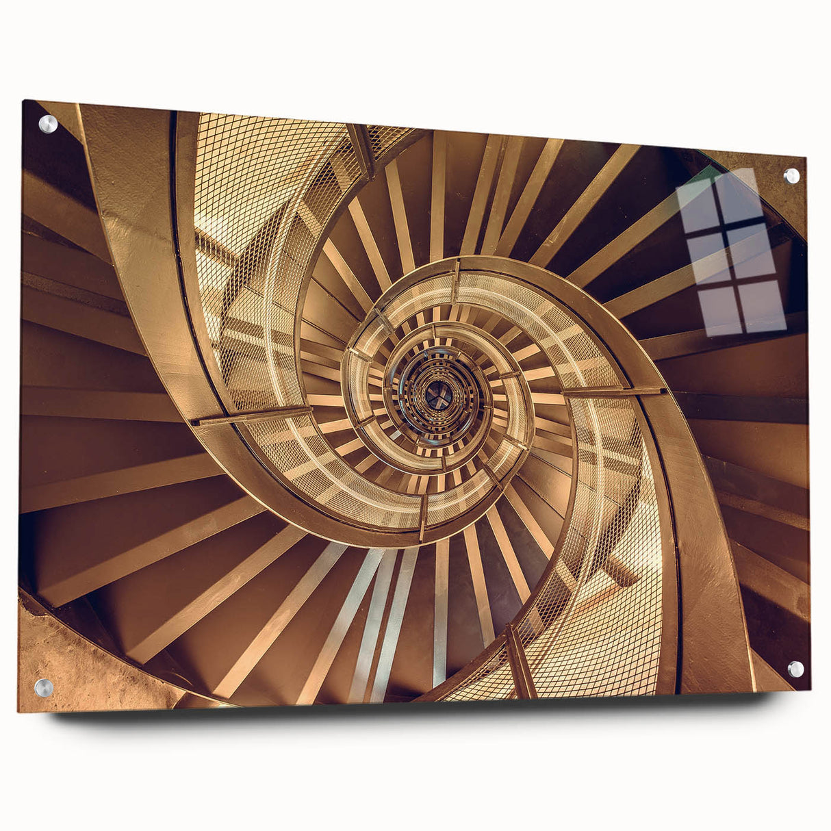 Large abstract wall art featuring a spiral staircase design in monochrome, printed on acrylic glass.