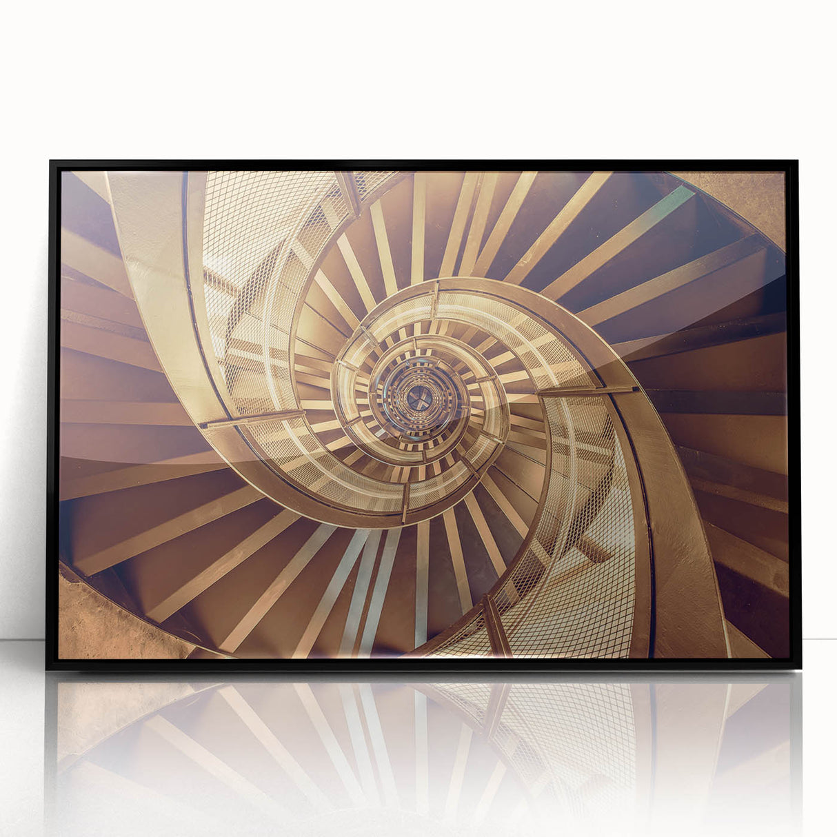 Large abstract wall art featuring a spiral staircase design in black and white, acrylic framed.
