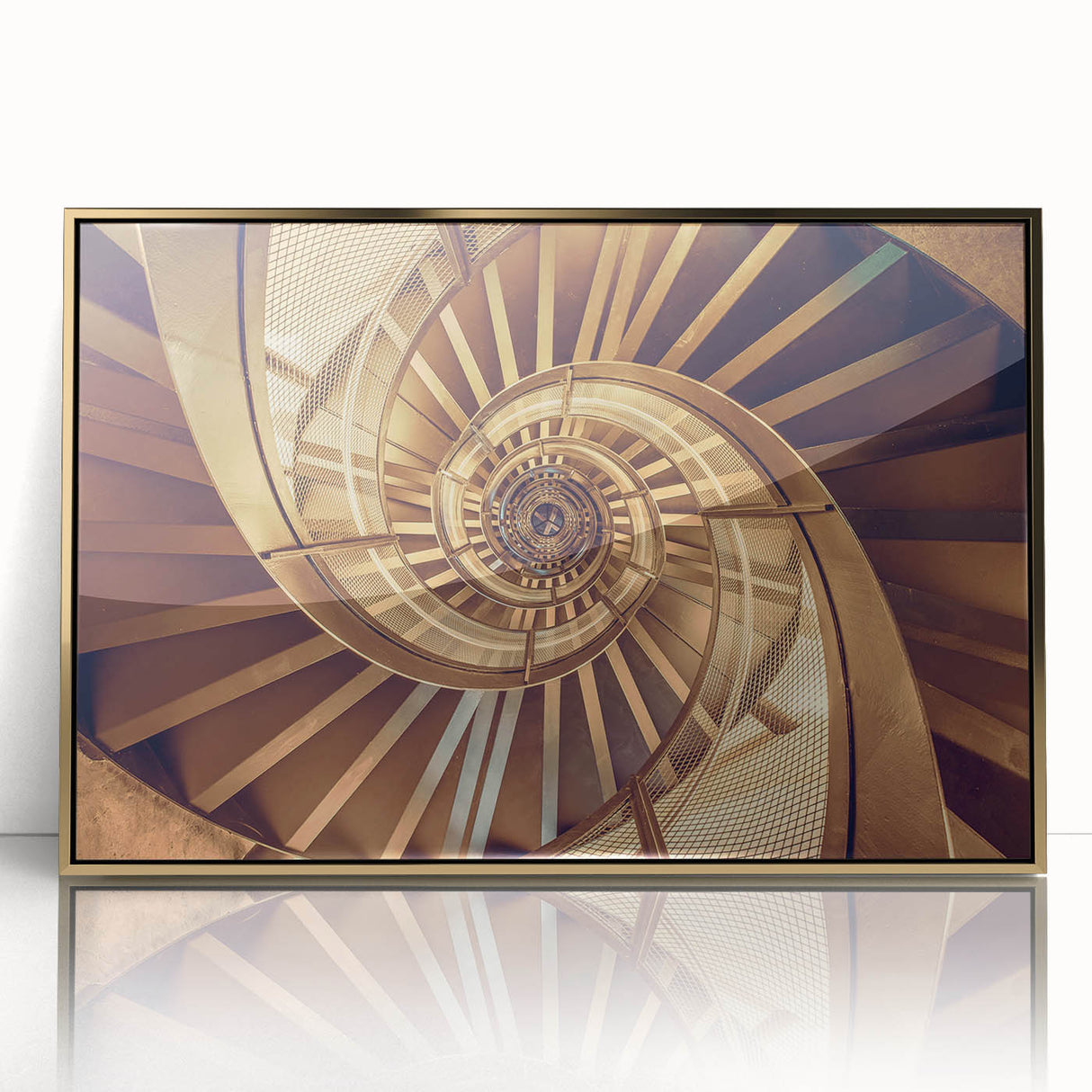 Mid-century modernist spiral staircase in gold and black tones on a large acrylic print, suitable for modern art wall decor.